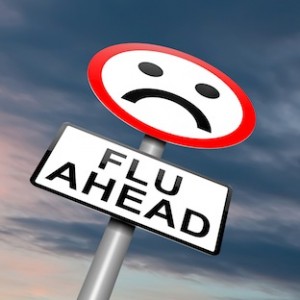 Illustration depicting a roadsign with a flu concept. Cloudy dusk background.